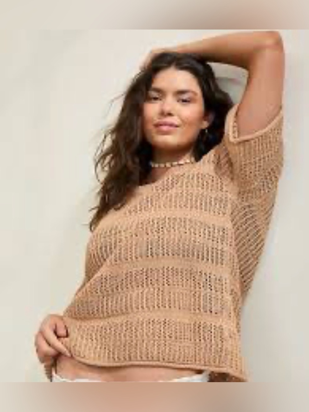 Aerie Crochet Short Sleeve Sweater  Camel Beige XL Open Knit Slouchy